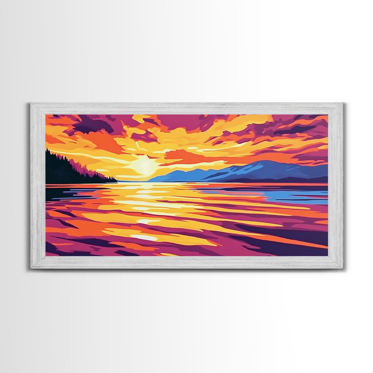 Sunset Glow, Serene Lake Reflection, Mountain Landscape Art, Vibrant Sky Painting, Framed Canvas Print, Office Wall Decor, Modern Home Art