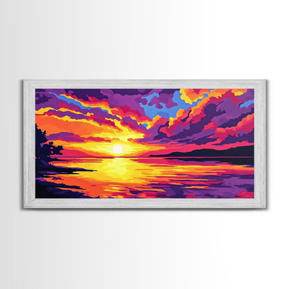 Dramatic Beach Sunset, Vibrant Sky Art, Colorful Coastal Print, Bold Nature Painting, Modern Home Wall Decor, Framed Canvas Print