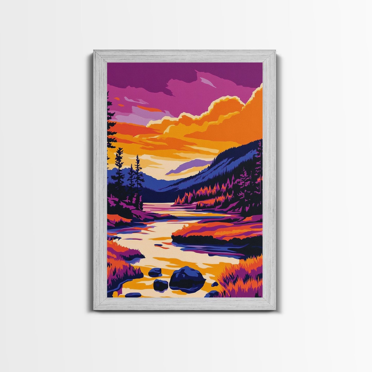 Sunset Lake Art, Colorful Nature Painting, Vibrant Landscape Canvas Print, Cabin Wall Decor, Rustic Home Art, Autumn Boho Wall Art