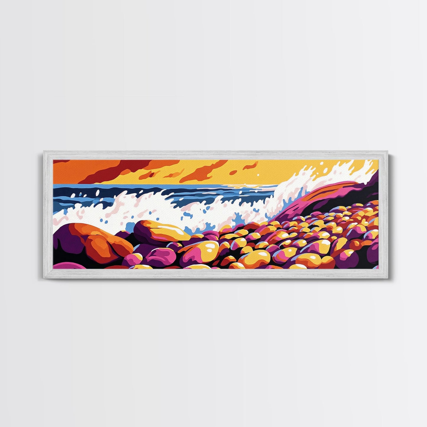 Ocean Waves, Rocky Shore, Coastal Landscape, Framed Canvas Print, Nautical Wall Art, Beach House Decor, Vibrant Seascape, Living Room Art