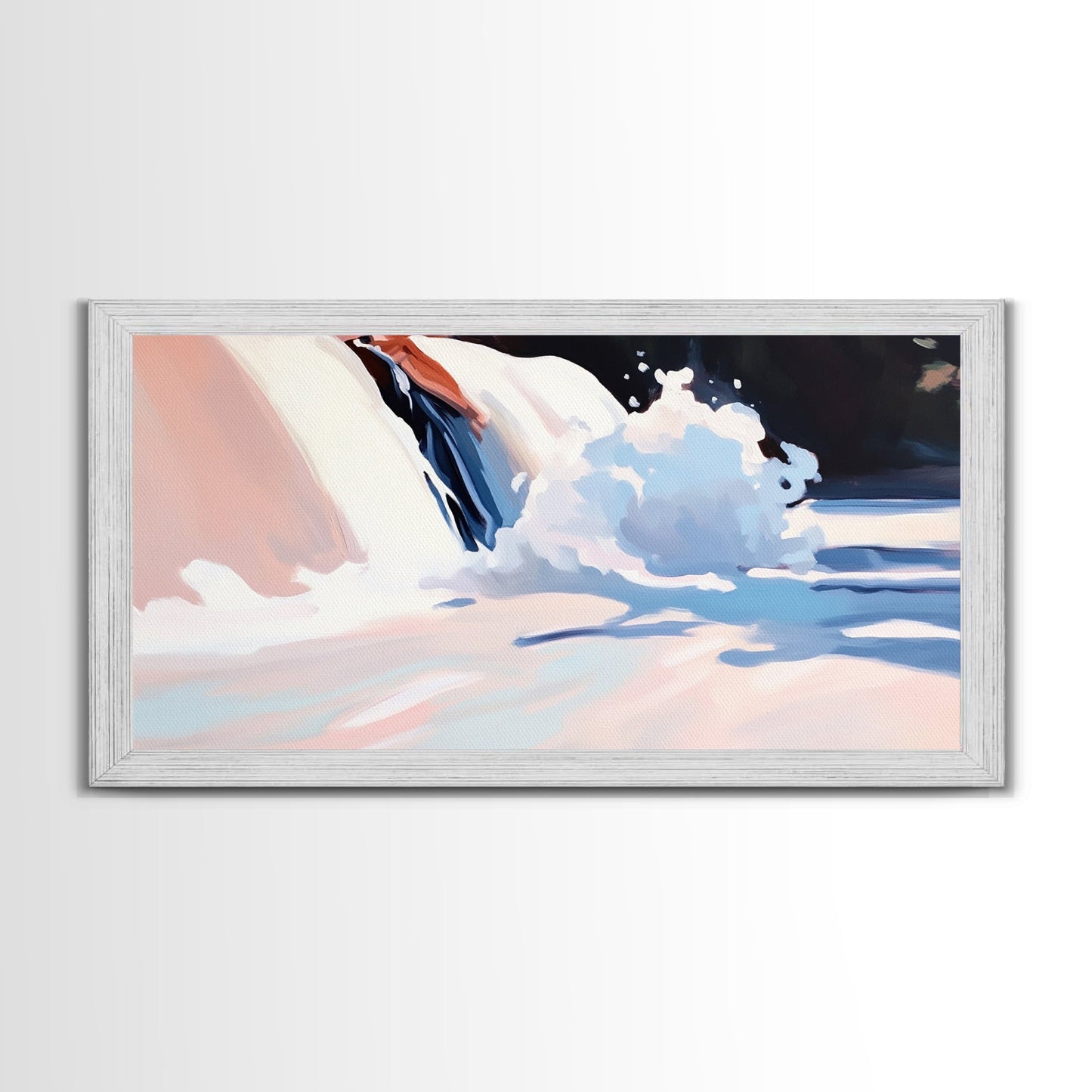 Snow Peak, Clouds, Framed Canvas Print, Alpine mountain scene, winter painting, Scandinavian decor, minimalist landscape, abstract nature art