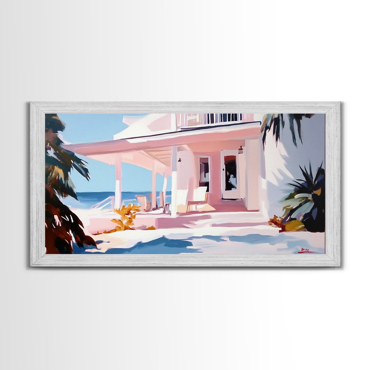 Oceanfront Porch, Coastal Home, Beach House, Seaside Retreat, Summer Vibes, Blue Wall Art, Nautical Style, Modern Decor, Framed Canvas Print