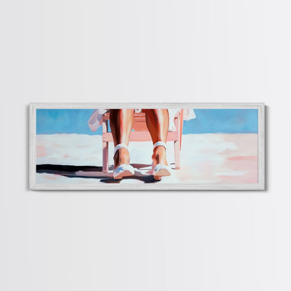 Woman Relaxing, Beach Chair Art, Coastal Summer Scene, Framed Canvas Print, Minimalist Boho Decor, Serene Seaside Home Artwork