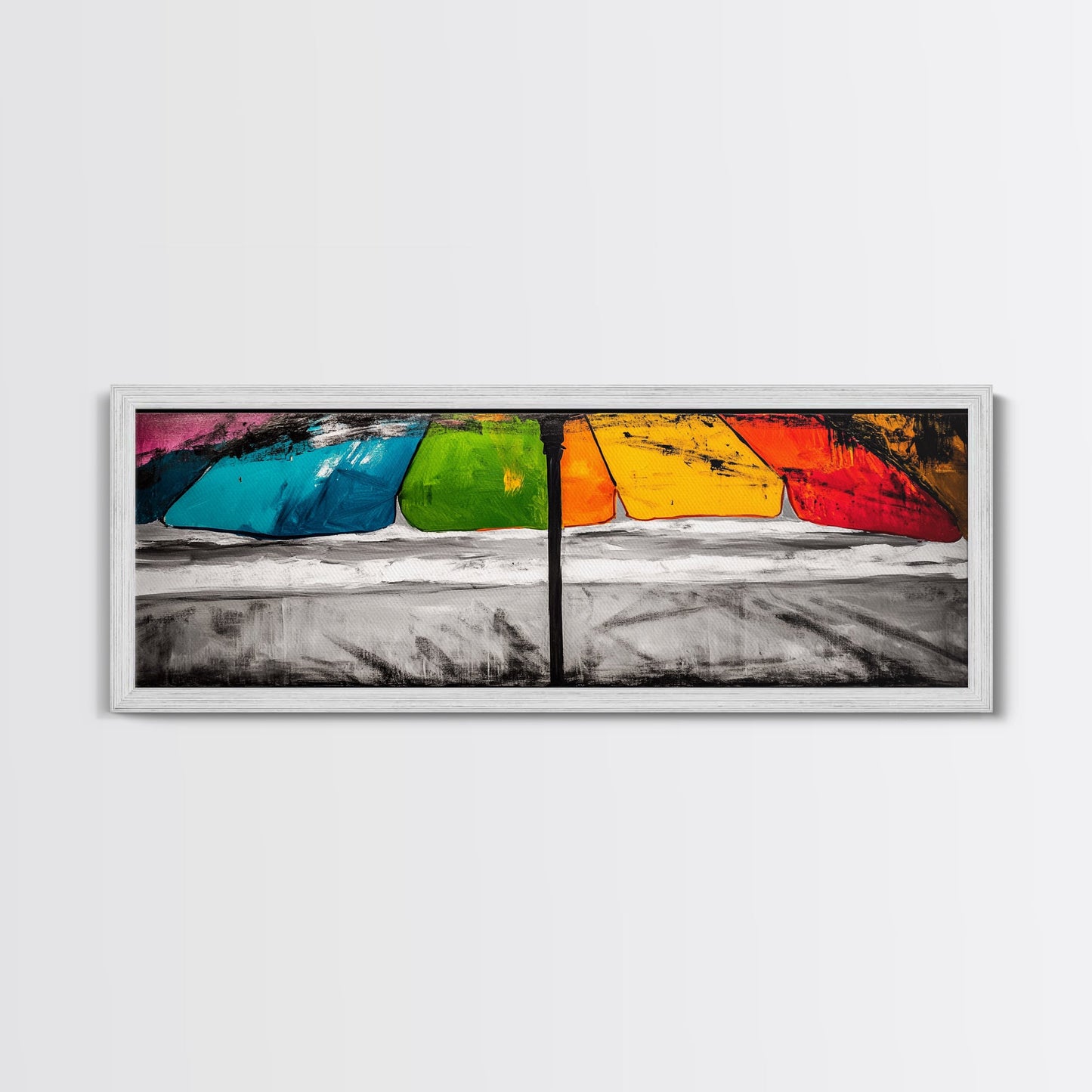 Colorful Umbrella Art, Abstract Beach Painting, Coastal Modern Decor, Vibrant Seaside Print, Bold Canvas Print, Framed Canvas Print