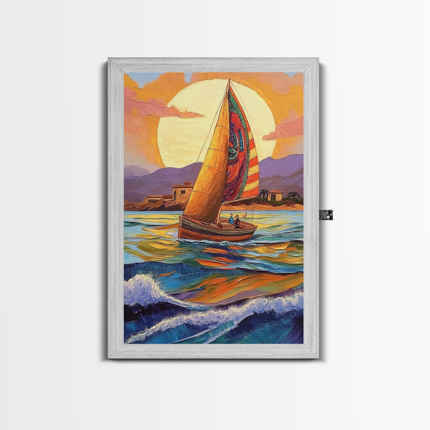 Colorful Sailboat, Coastal Adventure, Sunset Sea, Nautical Art, Living Room Wall Art, Tropical Decor, Framed Canvas Print, Ocean Vibes