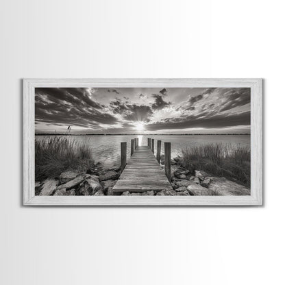 Rustic Dock Sunset, Lakehouse Art, Black White Landscape, Framed Canvas Print, Country Home Decor, Cabin Wall Art, Lakeside Tranquility