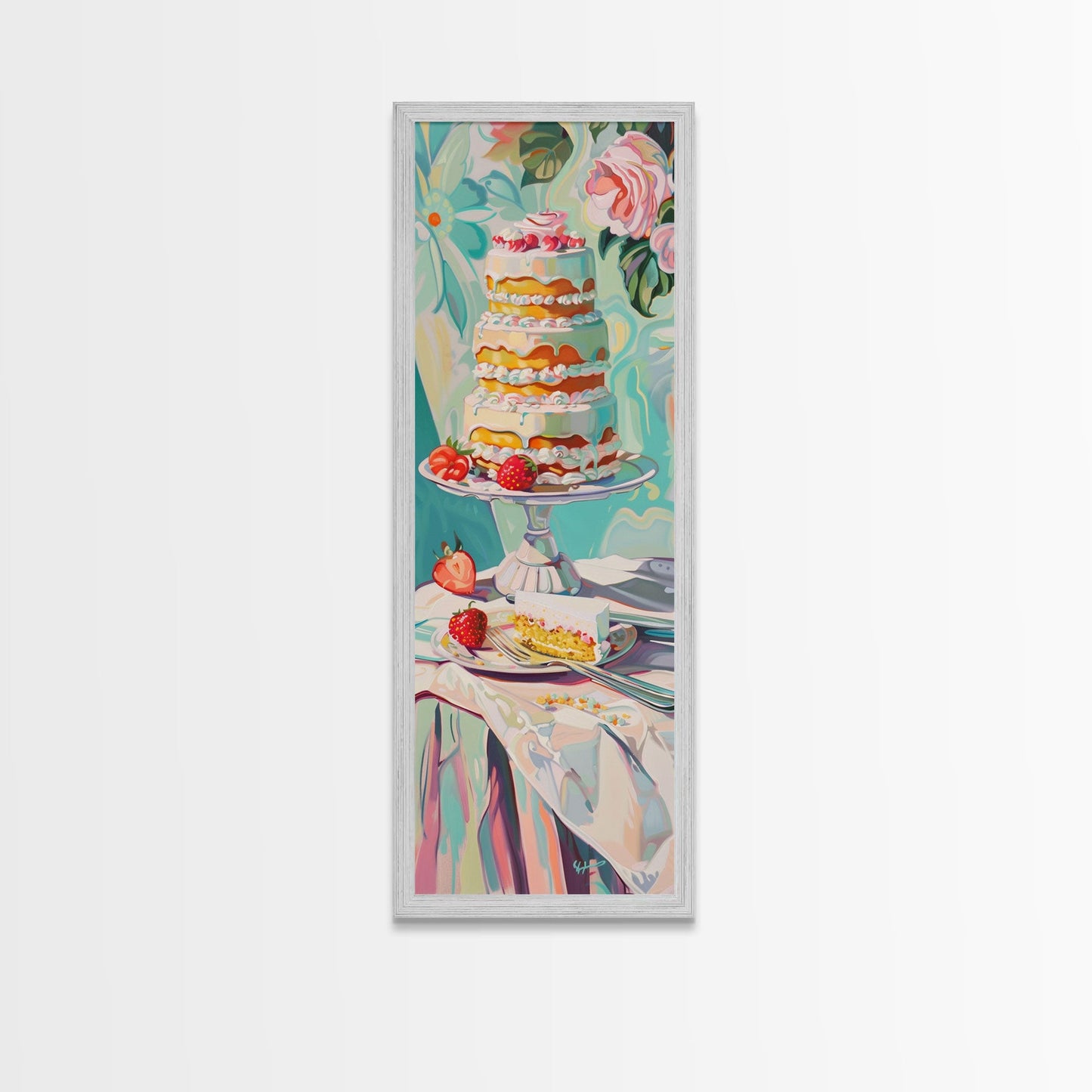 Cake Wall Art Framed and Printed on Canvas, Wall Art for Kitchen or Bakery, Food Art Print, Tall and Narrow Colorful Art for Kitchen