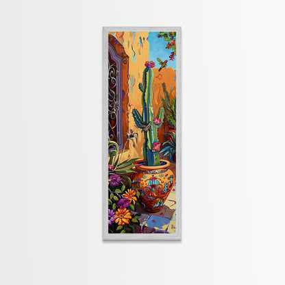Colorful Canvas Painting of Cactus Framed, Botanical Wall Art Print, Spanish Inspired Canvas Painting, Long and Narrow Living Room Wall Art