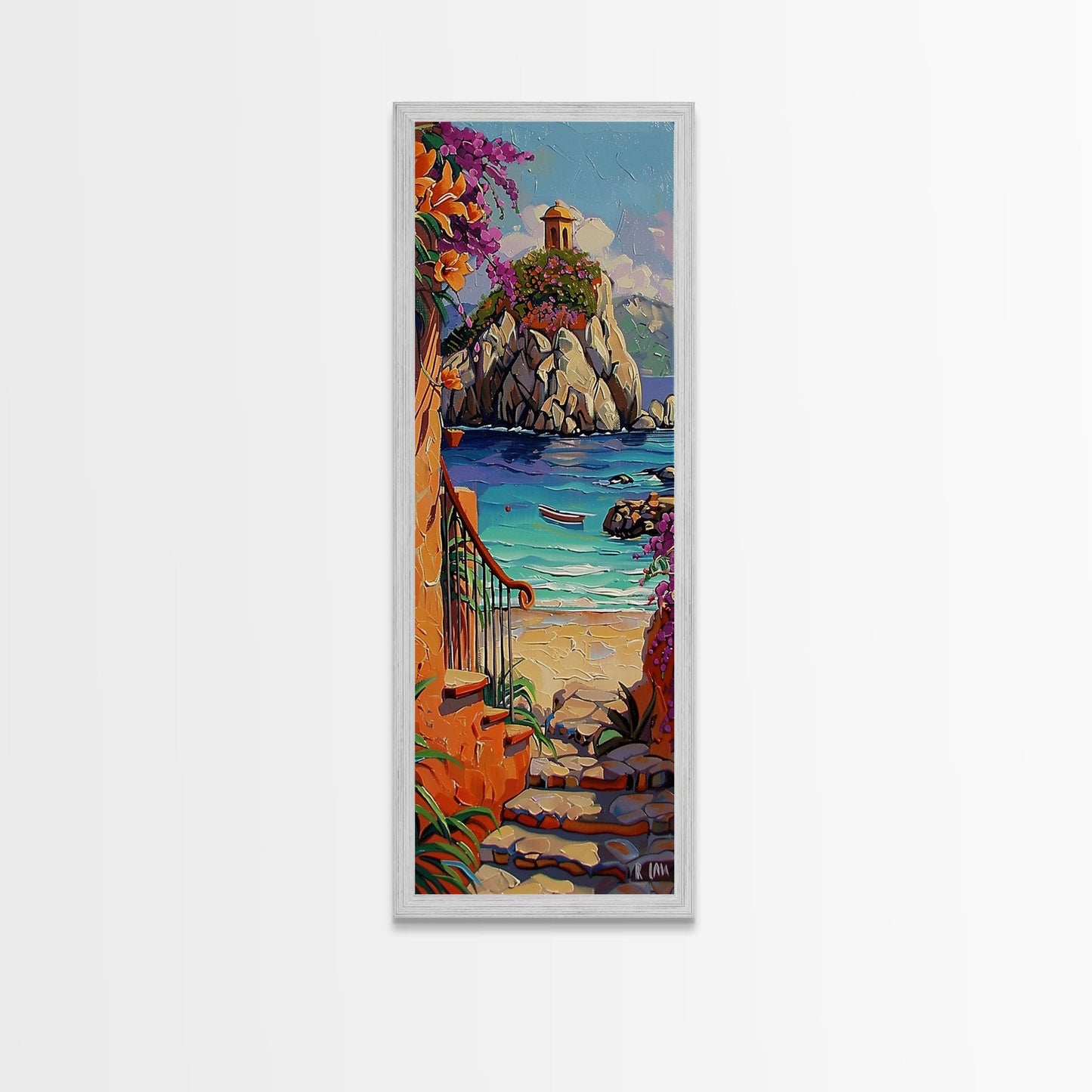 Coastal Wall Art Framed and Printed on Canvas, Surf Wall Art, Textured Canvas Painting Framed, Narrow Modern Wall Art for Office