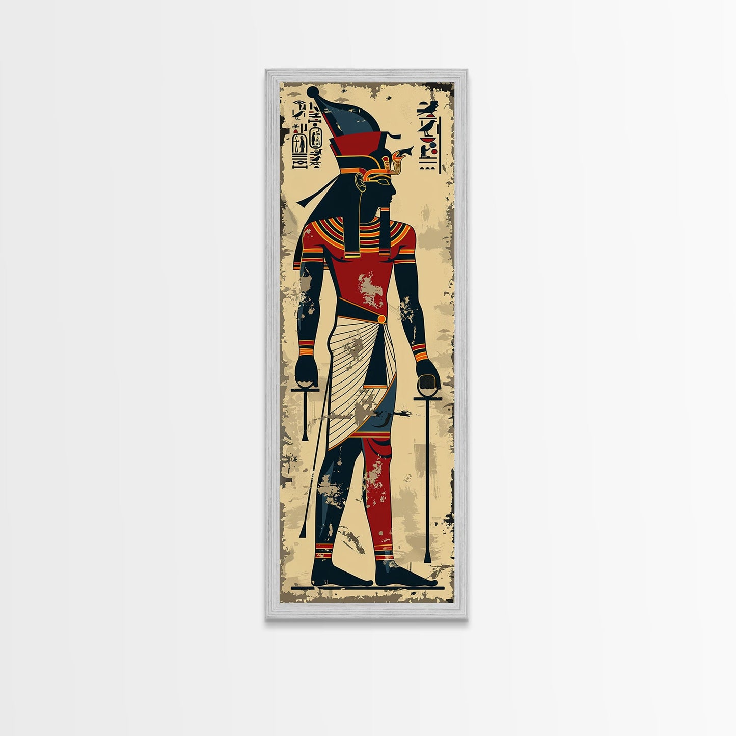 Egyptian Art Depiction of Horus - Framed Canvas Print, Midcentury Modern Wall Art, Skinny Art, Tall Art, Living Room Decor