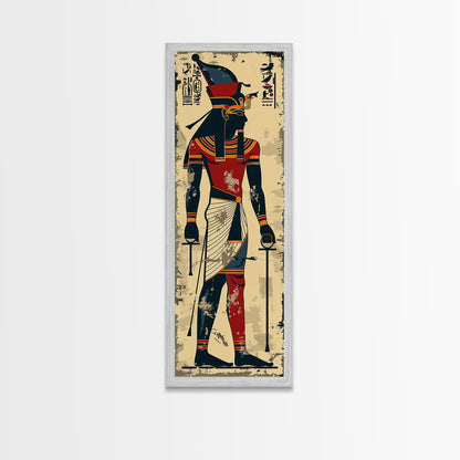 Egyptian Art Depiction of Horus - Framed Canvas Print, Midcentury Modern Wall Art, Skinny Art, Tall Art, Living Room Decor