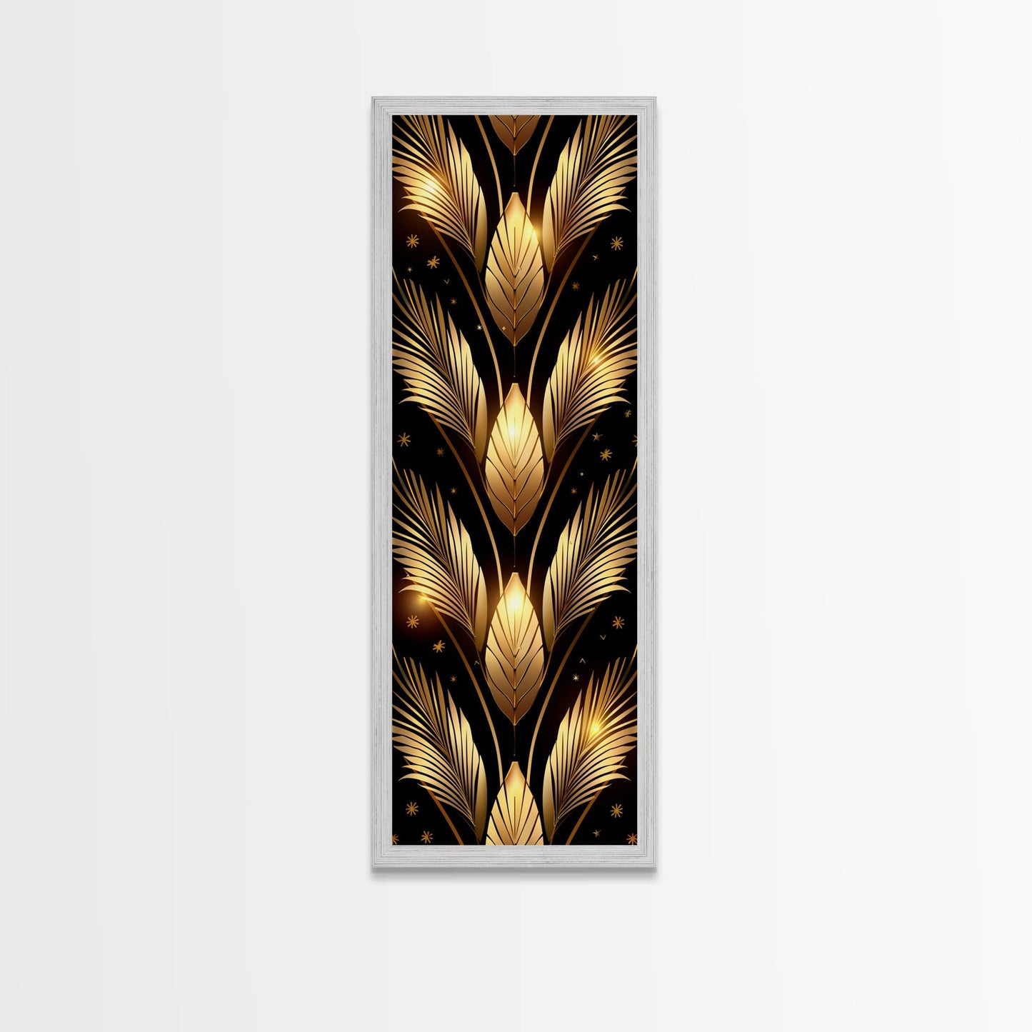 Gold Leaf Pattern on Black Background - Framed Canvas Print, Midcentury Modern Art, Skinny Art, Tall Art, Living Room Wall Decor, Minimalist Art