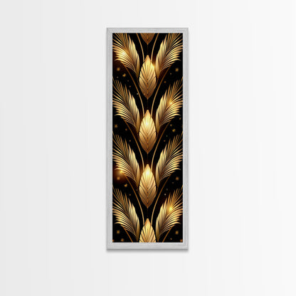 Gold Leaf Pattern on Black Background - Framed Canvas Print, Midcentury Modern Art, Skinny Art, Tall Art, Living Room Wall Decor, Minimalist Art