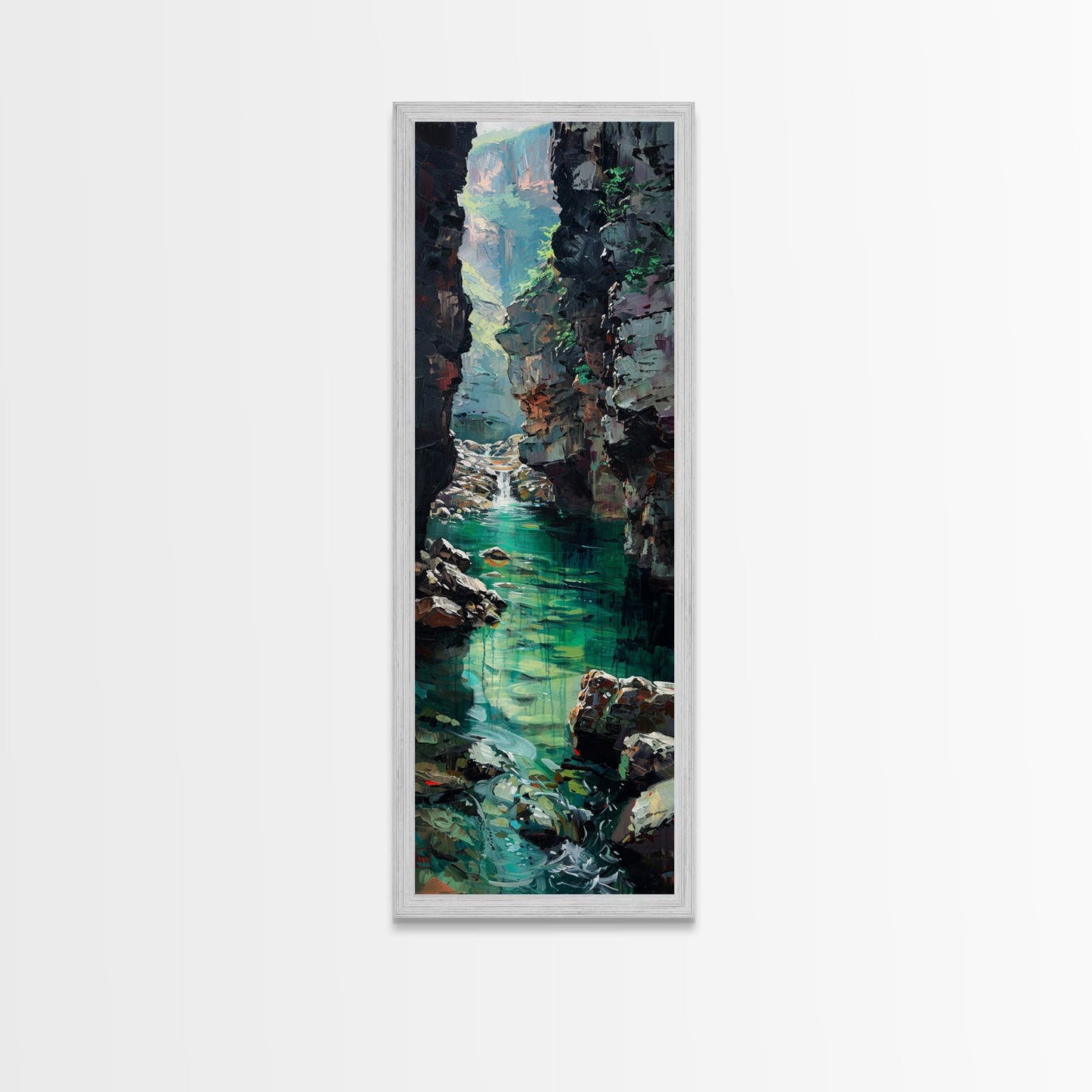 Serene Mountain River Gorge Scene Skinny Art Framed Canvas Print For Living Room Or Bedroom Wall Decor