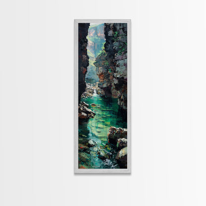 Serene Mountain River Gorge Scene Skinny Art Framed Canvas Print For Living Room Or Bedroom Wall Decor