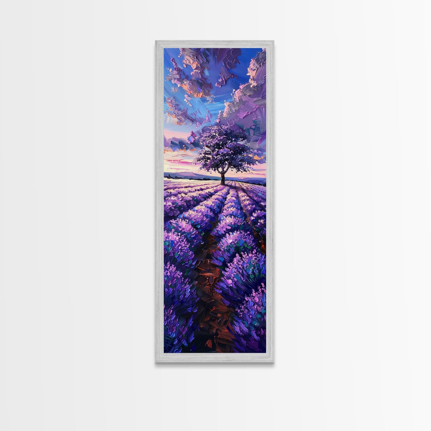 Majestic Lavender Tree in a Flower Field, Skinny and Tall Art, Serene Framed Canvas Print, Peaceful Home Decor