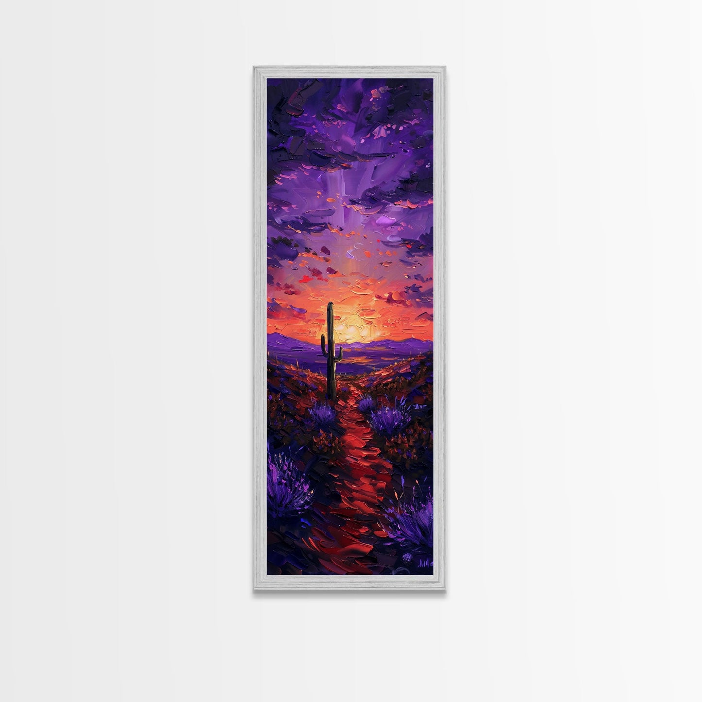 Colorful Sunset Over a Desert Landscape with a Saguaro Cactus and Dramatic Sky on a Framed Canvas Print Skinny Art Piece