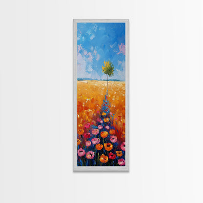 Colorful Wildflowers in a Field with a Lone Tree Under a Bright Blue Sky on a Framed Canvas Print Tall Art Piece
