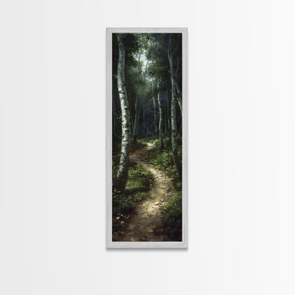 Mysterious Birch Forest Path Tall Skinny Art Framed Canvas Print for Serene and Calming Wall Decor in Homes or Offices