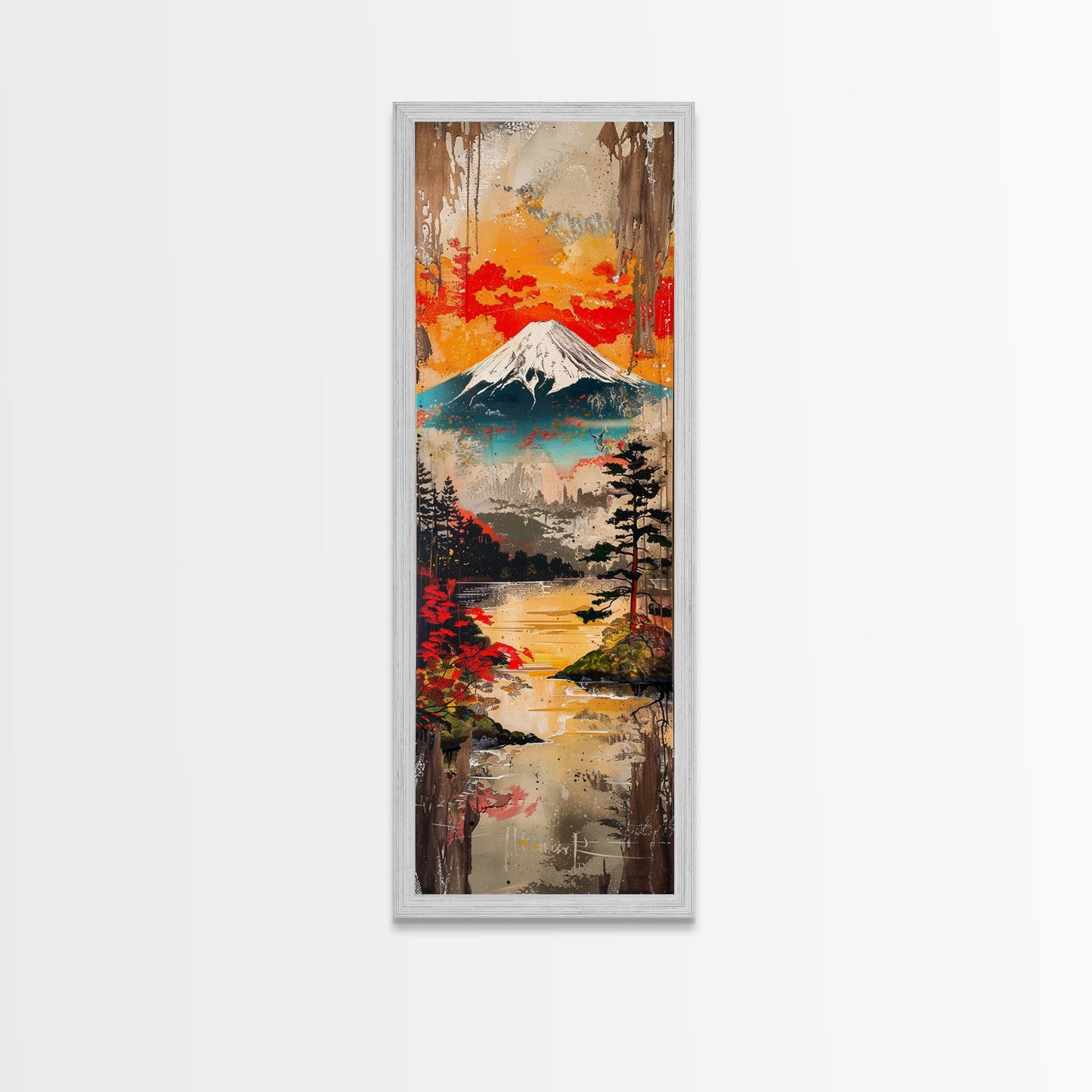 Reflections of Majestic Mountain Peaks in Calm Lake, Minimalist Landscape Framed Canvas Print, Perfect for Nature Inspired Wall Art