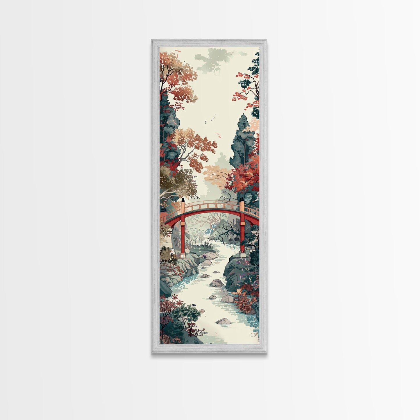 Traditional Japanese Skinny Art of Autumn Bridge in Serene Landscape with Fall Foliage – Framed Canvas Print