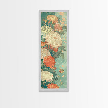 Skinny Art of Chrysanthemums in Soft Pastels with Intricate Petal Design on Framed Canvas Print