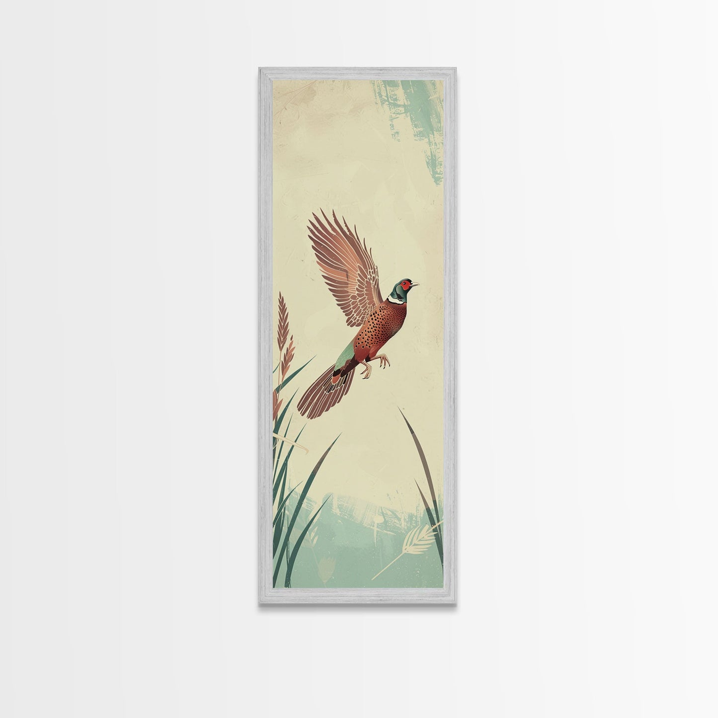 Japanese Skinny Art of Pheasant in Flight with Graceful Wings and Earthy Tones – Framed Canvas Print