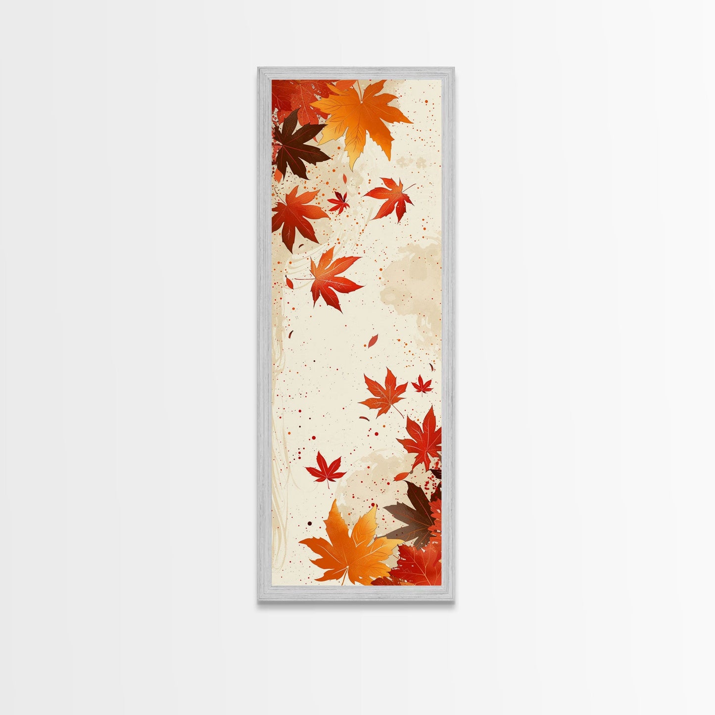 Skinny Art Autumn Leaves In Japanese Style Wood Block Print Warm Red And Orange Tones On Framed Canvas Print, Tall Art Ukiyo-e
