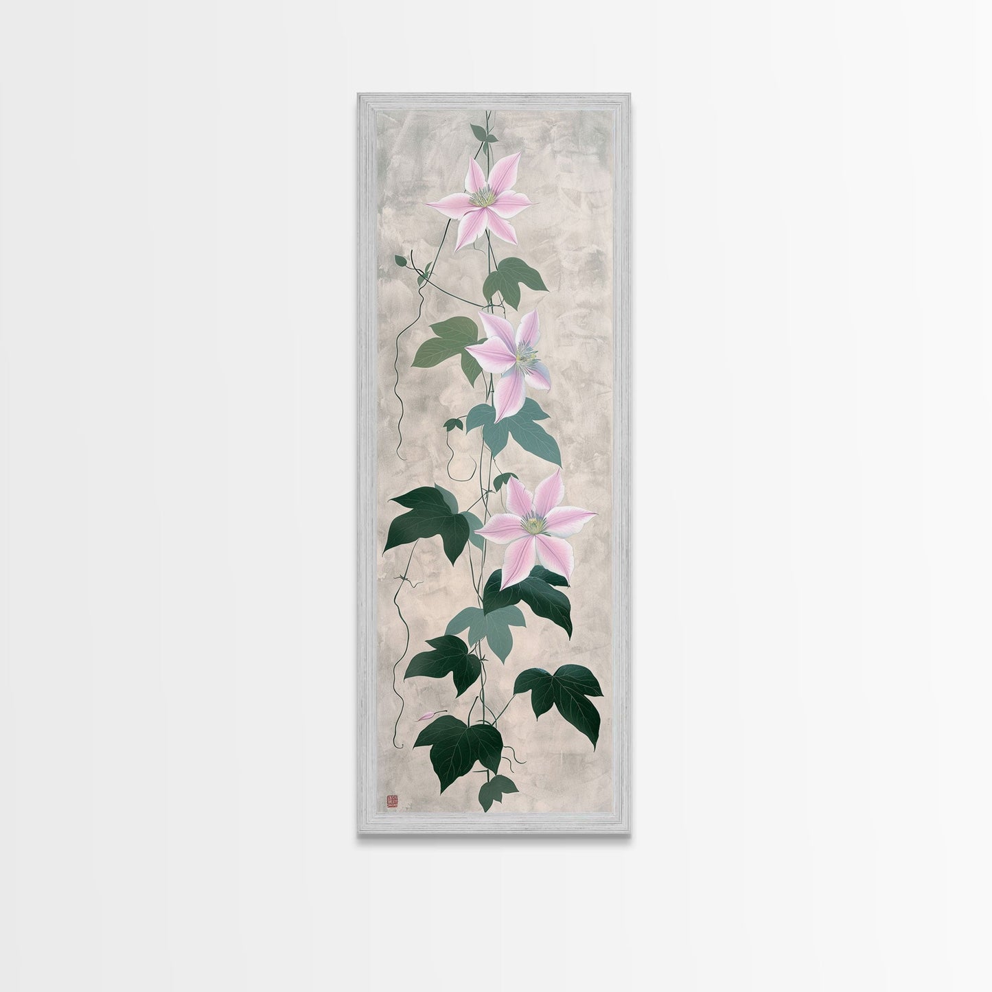 Skinny Art Clematis Vine In Japanese Style Wood Block Print Soft Pink Flowers On Framed Canvas Print, Tall Art Ukiyo-e