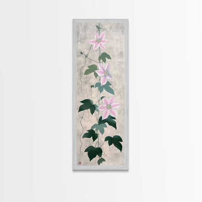 Skinny Art Clematis Vine In Japanese Style Wood Block Print Soft Pink Flowers On Framed Canvas Print, Tall Art Ukiyo-e