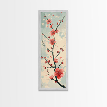 Peach Blossoms On Branch With Soft Pastel Background Tall Art Skinny Art Framed Canvas Print Japanese Style Art Ukiyo-e Wood Block Print