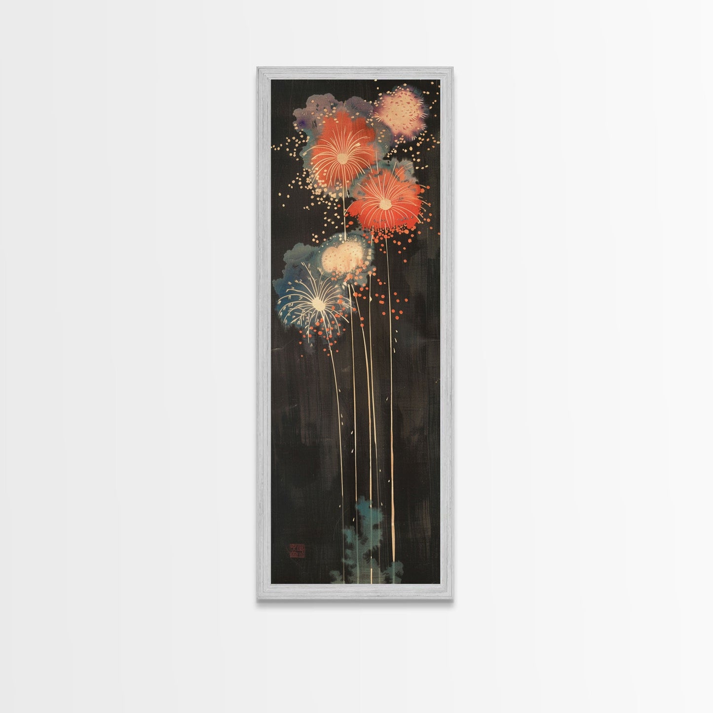 Colorful Fireworks Display Against A Dark Night Sky, Skinny Art Tall Wall Art Framed Canvas Print Japanese Style Art