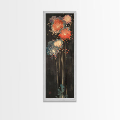 Colorful Fireworks Display Against A Dark Night Sky, Skinny Art Tall Wall Art Framed Canvas Print Japanese Style Art