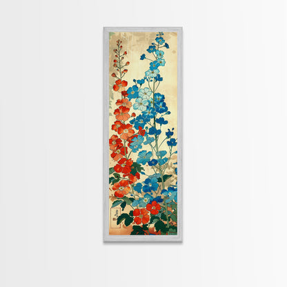 Delphinium Flowers Japanese Garden Art In Traditional Ukiyo-e Style Framed Canvas Print Tall Skinny Wood Block Floral Wall Decor