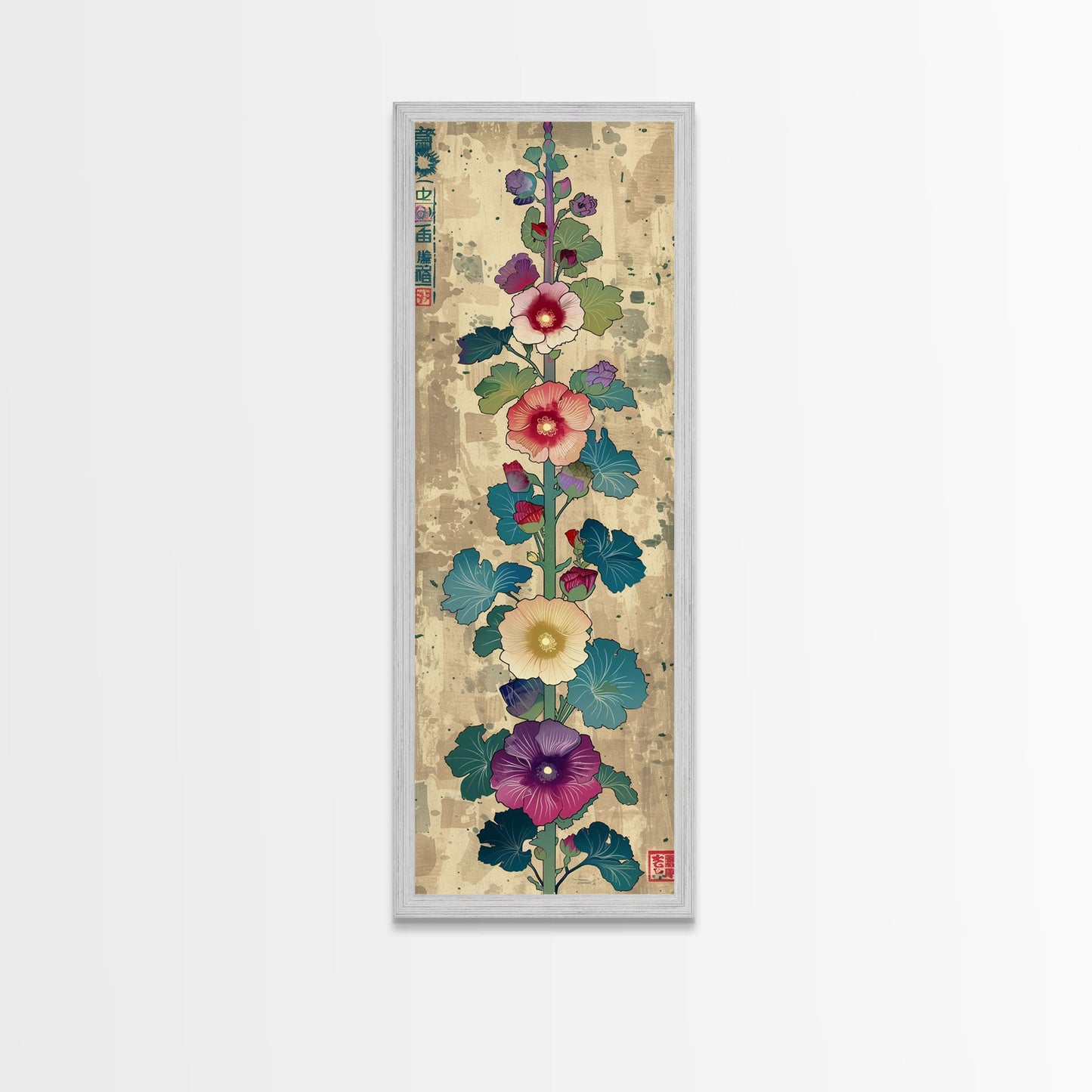 Colorful Hollyhock Flowers Traditional Japanese Woodblock Style Tall Skinny Framed Canvas Print Wall Art