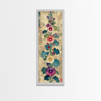 Colorful Hollyhock Flowers Traditional Japanese Woodblock Style Tall Skinny Framed Canvas Print Wall Art