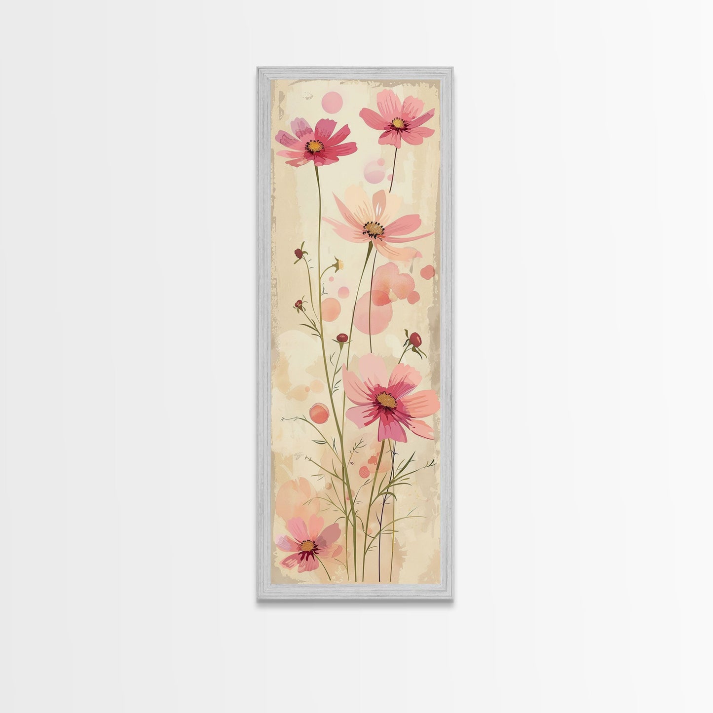 Delicate Pink Flowers with Tall Stems on a Subtle Beige Background Ukiyo-e Art Japanese Framed Canvas Print Skinny Tall Art