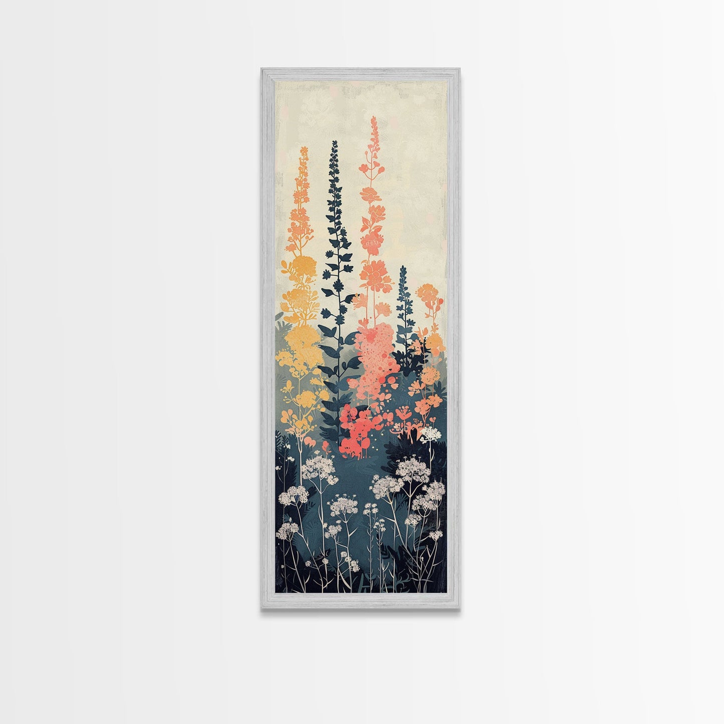 Framed Canvas Print Of Elegant Wildflowers Set Against A Soft Background, Skinny Art, Tall Art, Japanese Style Art, Ukiyo-e Art, Wood Block Print