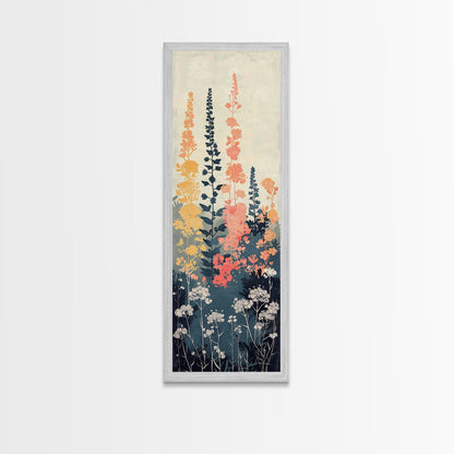 Framed Canvas Print Of Elegant Wildflowers Set Against A Soft Background, Skinny Art, Tall Art, Japanese Style Art, Ukiyo-e Art, Wood Block Print