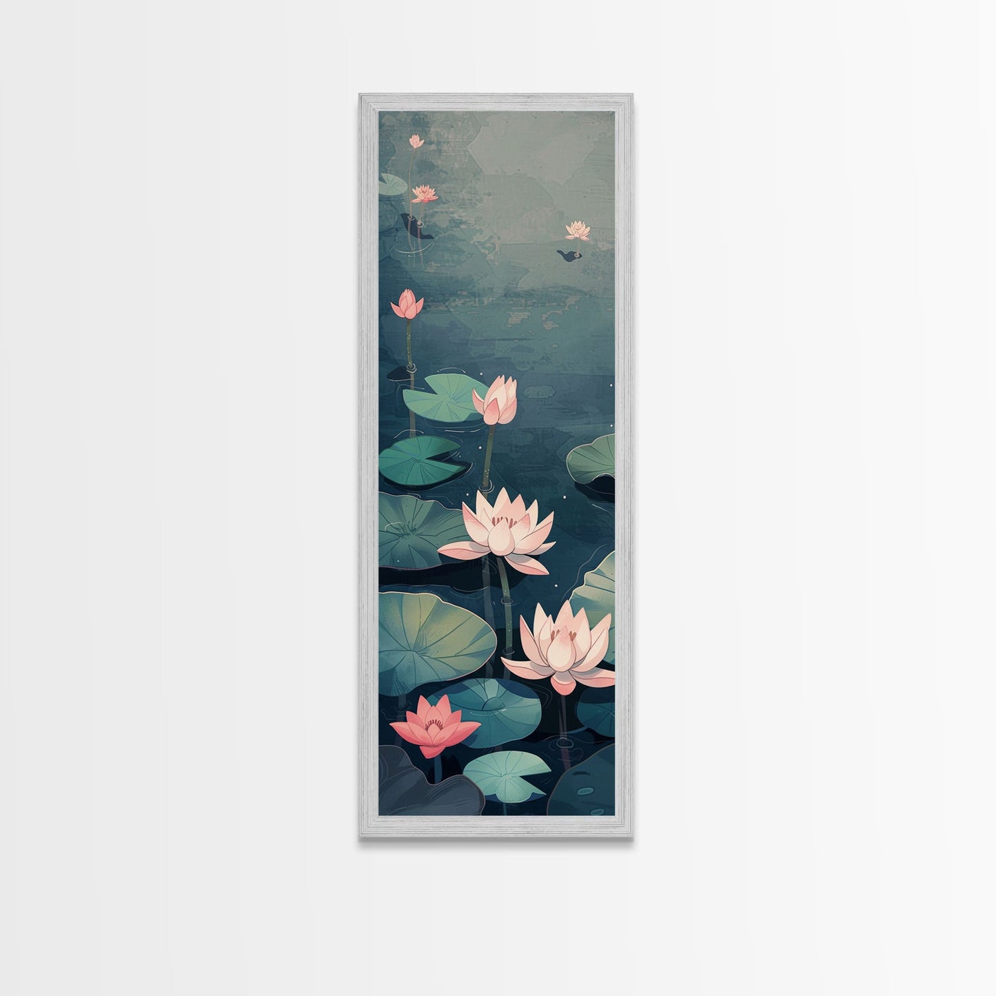 Calm Water Lilies Floating On Still Pond With Subtle Ripples Ukiyo-e Skinny Tall Wood Block Framed Canvas Print Japanese Style Art