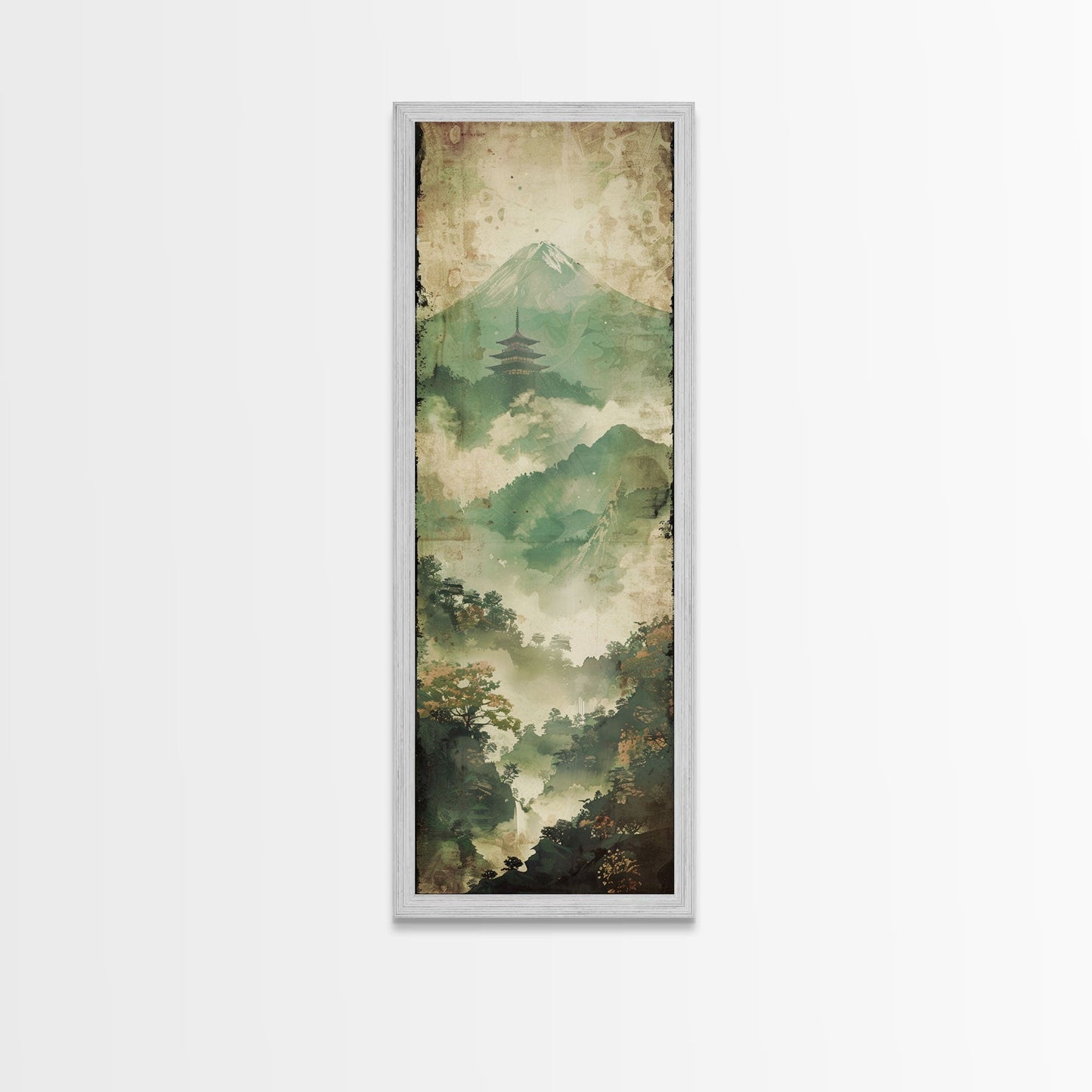 Skinny Art Tall Art Framed Canvas Print Japanese Style Art Foggy Mountain Temple Landscape Wood Block Print Ukiyo-e Feng Shui Wall Art