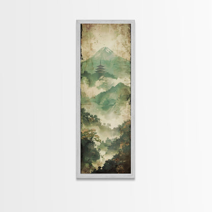 Skinny Art Tall Art Framed Canvas Print Japanese Style Art Foggy Mountain Temple Landscape Wood Block Print Ukiyo-e Feng Shui Wall Art