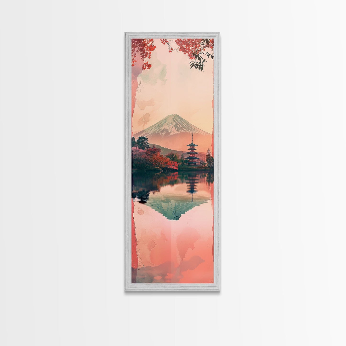 Skinny Art Tall Art Framed Canvas Print Japanese Style Art Mount Fuji Lake Reflection Red Maple Wood Block Print Ukiyo-e Feng Shui Wall Art