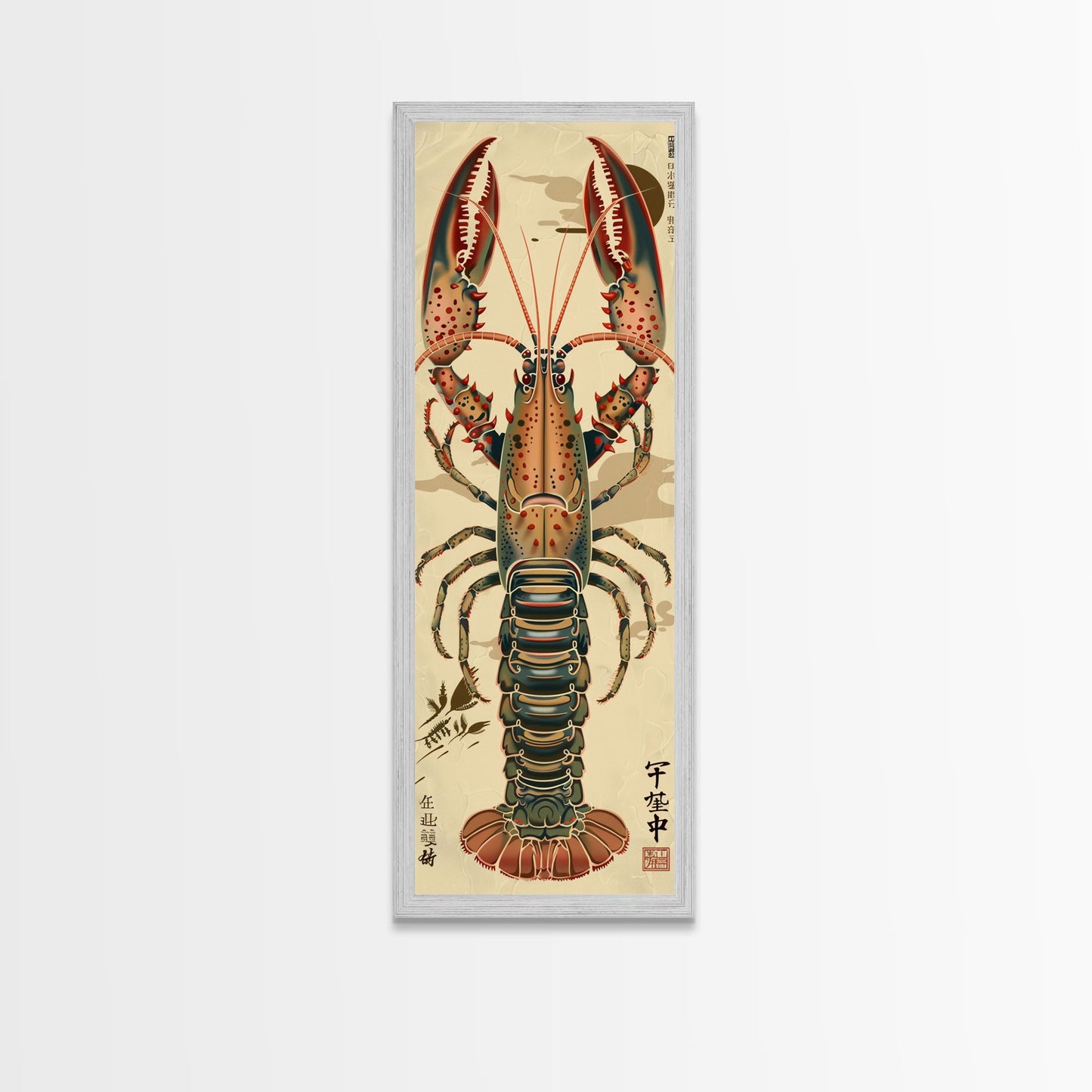 Detailed Lobster Illustration On Beige Background Skinny Art Wood Block Print Japanese Style Art Framed Canvas Print Tall Art Ukiyo-e Art