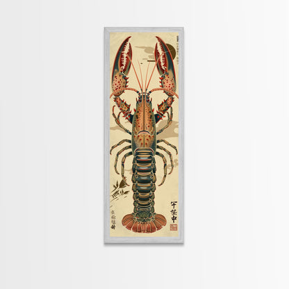 Detailed Lobster Illustration On Beige Background Skinny Art Wood Block Print Japanese Style Art Framed Canvas Print Tall Art Ukiyo-e Art