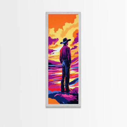 Colorful Sunset Cowboy Art Framed Canvas Print, Southwest Wall Art, Moody Art, Whimsical Art, Pink Orange Wall Art, Tall Narrow Art