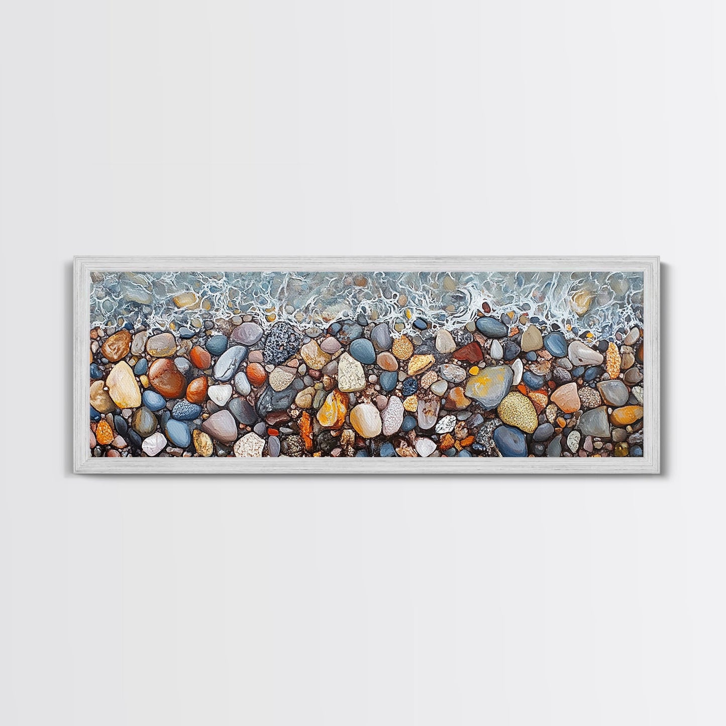 Coastal decor, ocean pebble art, beach rock painting, nautical wall art, seascape painting, long narrow wall art, canvas print