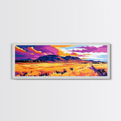 Vibrant mountain, pink orange wall art, Joshua tree art, geometric wall art, panoramic art, framed canvas print, landscape painting
