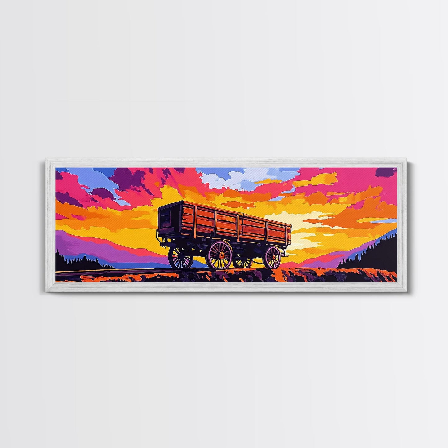 Sunset wagon, pink orange wall art, southwest wall art, geometric wall art, boho art, panoramic painting, framed canvas print, rustic decor