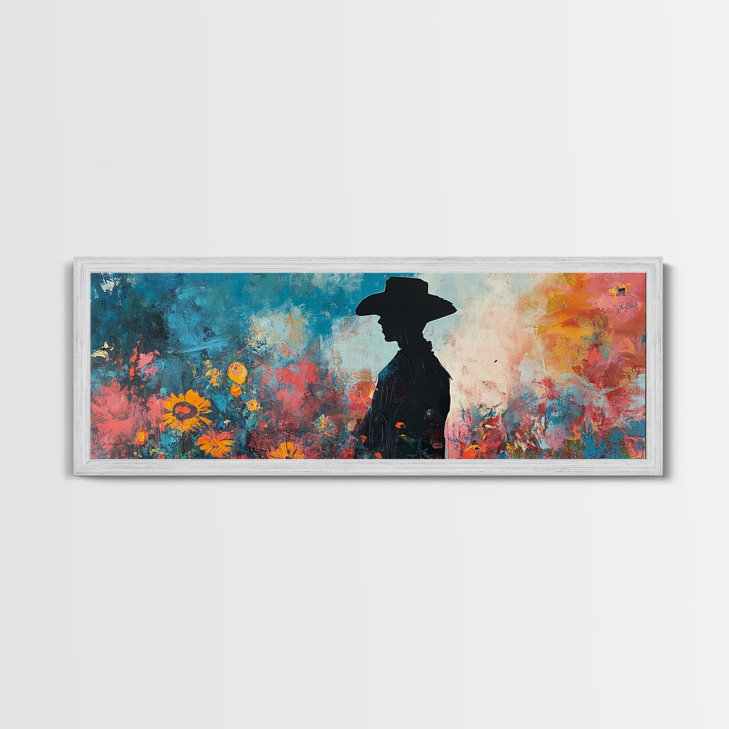 Black cowgirl painting, western decor, wildflower painting, boho art, extra wide art, framed canvas print, rustic decor, poppy wall art